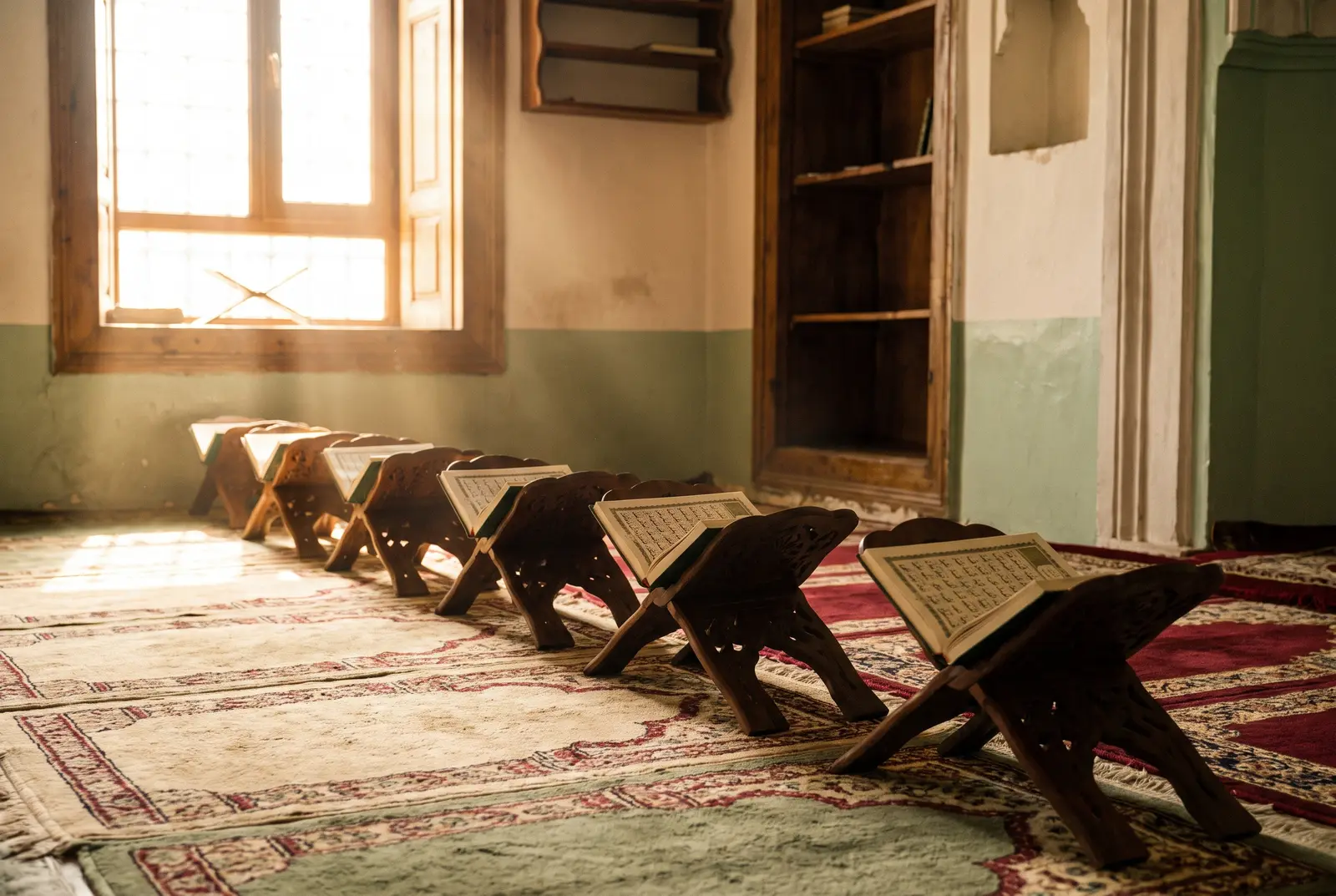 A row of carved Qurʾān stands holding open primers in warm light