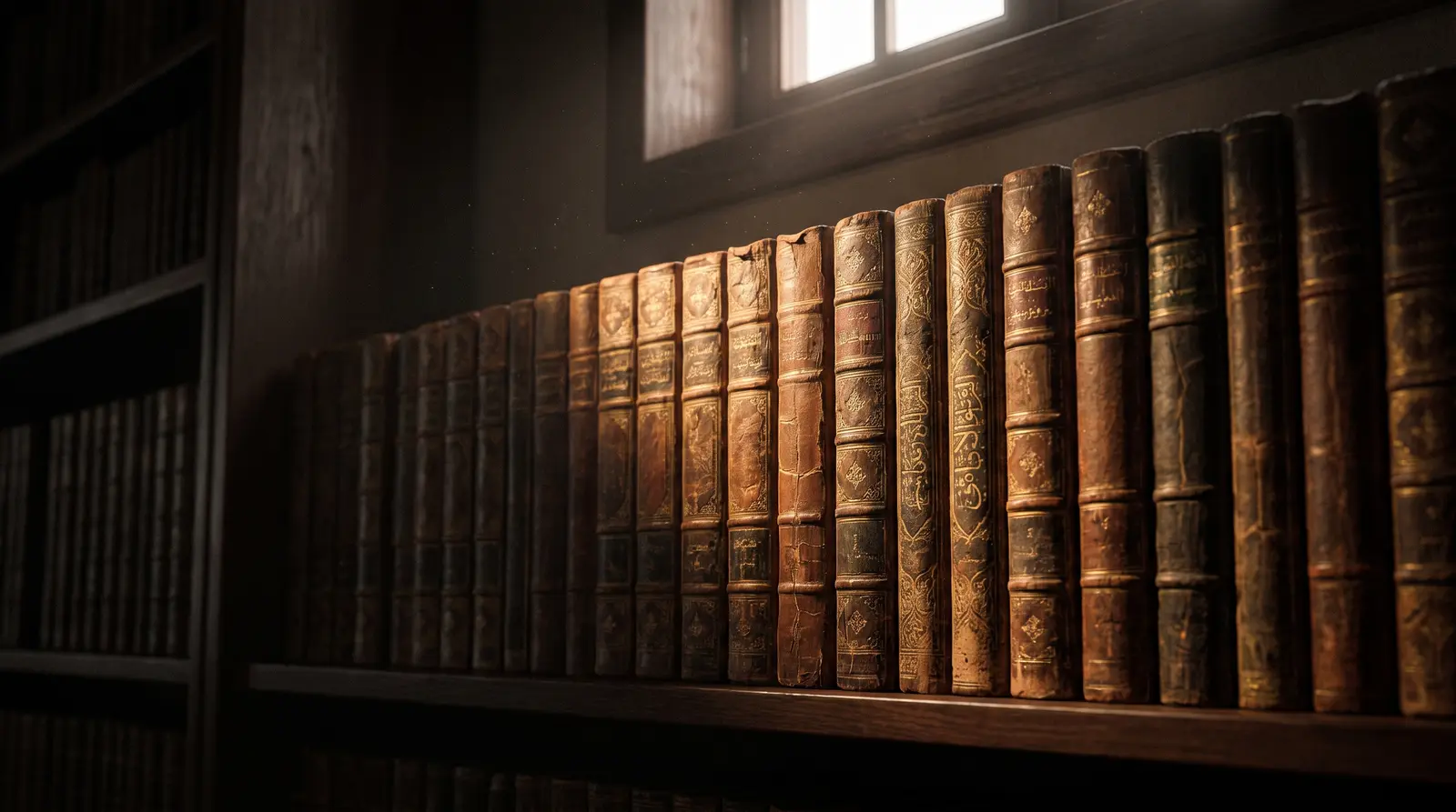 A row of antique leather-bound Islamic books with gilded spines